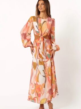 Petal & Pup Coral, Peach & Mustard Tie-Front Maxi Dress